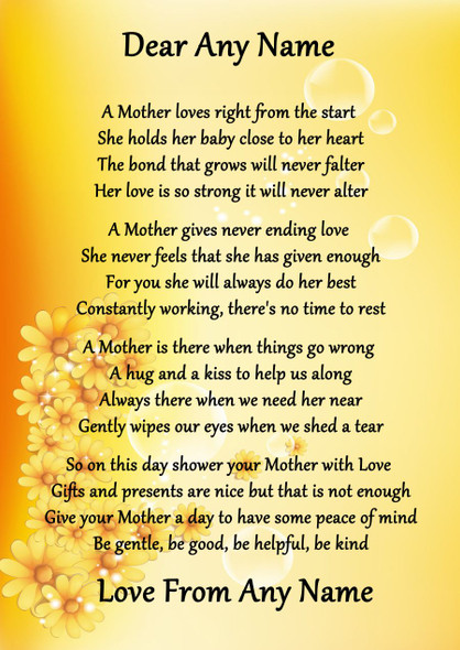 Yellow Floral A Mothers Bond Personalised Poem Certificate