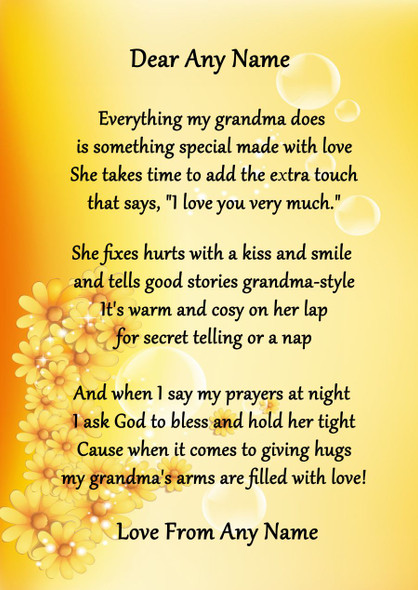 Yellow Floral My Grandma Personalised Poem Certificate