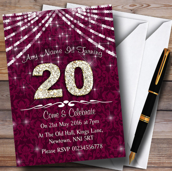 20Th Cranberry & White Bling Sparkle Birthday Party Customised Invitations