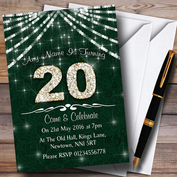 20Th Green & White Bling Sparkle Birthday Party Customised Invitations
