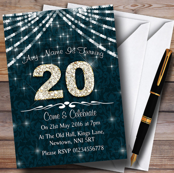 20Th Turquoise & White Bling Sparkle Birthday Party Customised Invitations
