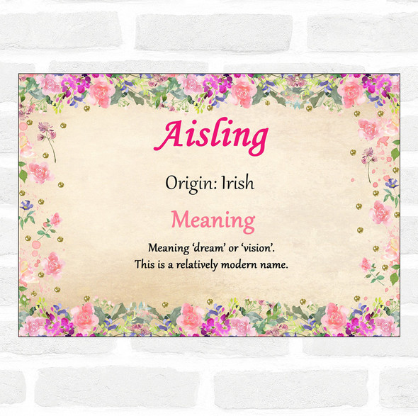 Aisling Name Meaning Floral Certificate