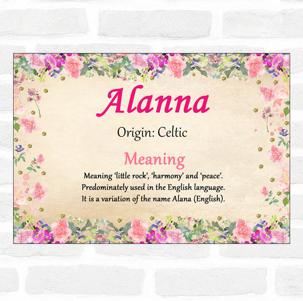 Alanna Name Meaning Floral Certificate