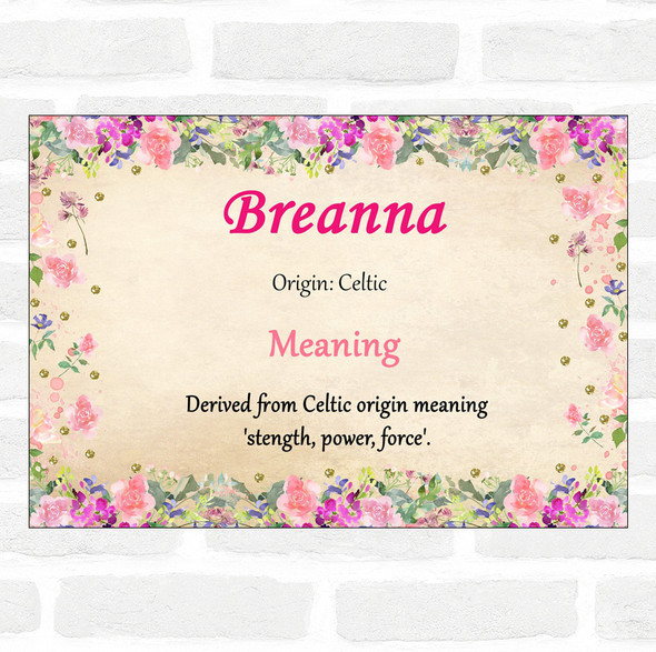 Breanna Name Meaning Floral Certificate