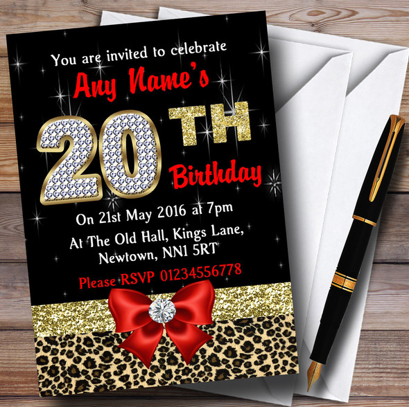 Red Diamond And Leopard Print 20Th Birthday Party Customised Invitations