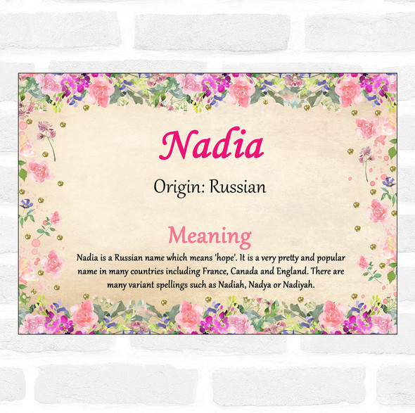 Nadia Name Meaning Floral Certificate