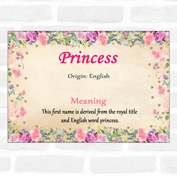 Princess Name Meaning Floral Certificate