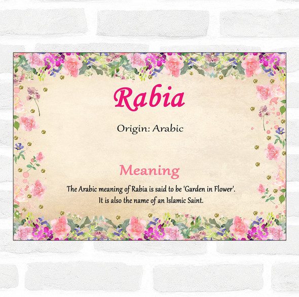 Rabia Name Meaning Floral Certificate