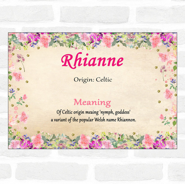 Rhianne Name Meaning Floral Certificate