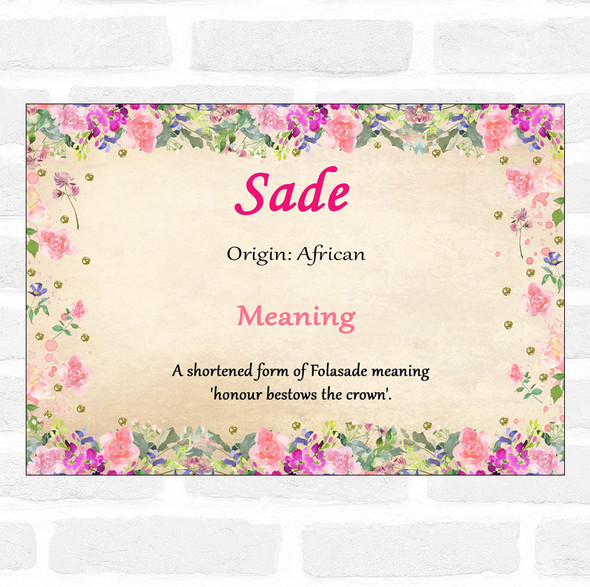 Sade Name Meaning Floral Certificate