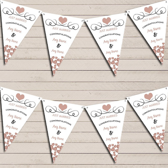 Hearts Decoration Just Married Mocha Taupe Wedding Day Bunting Banner