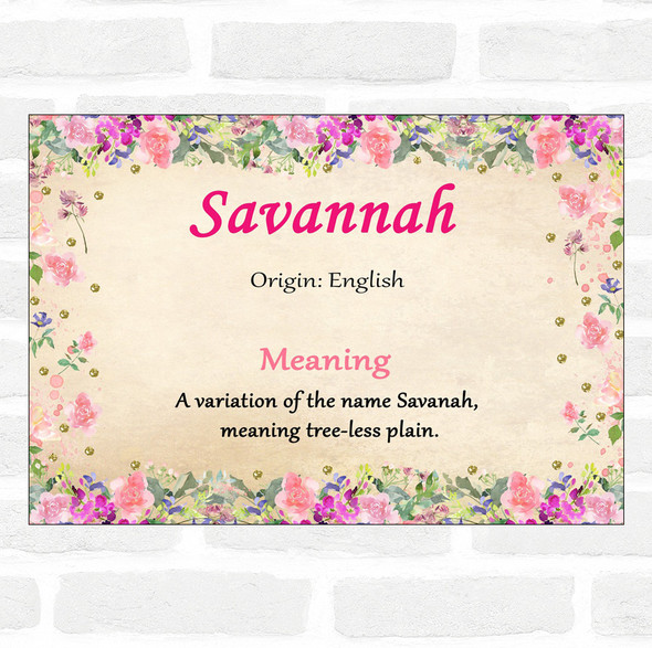 Savannah Name Meaning Floral Certificate