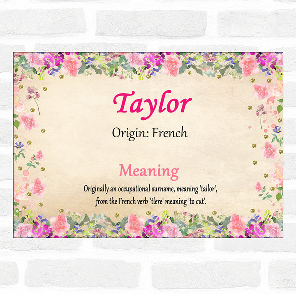 Taylor Name Meaning Floral Certificate