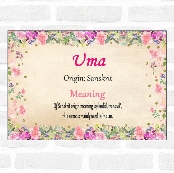 Uma Name Meaning Floral Certificate
