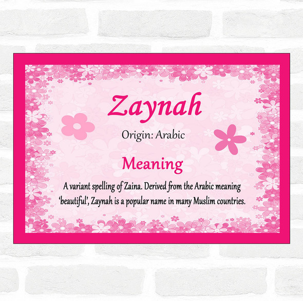 Zaynah Name Meaning Pink Certificate