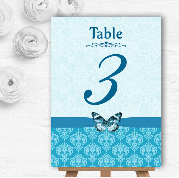 Blue Turquoise Vintage Floral Damask Butterfly Wedding Table Number Name Cards