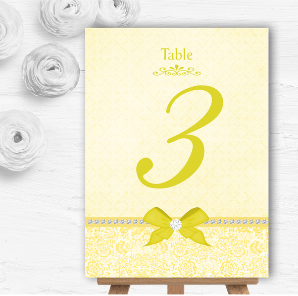 Pretty Floral Vintage Bow & Diamante Yellow Wedding Table Number Name Cards