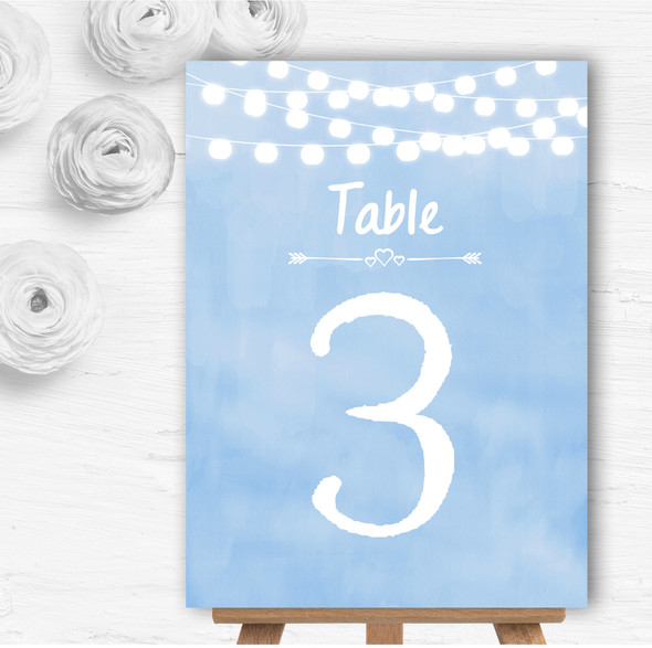 Powder Blue Lights Watercolour Personalised Wedding Table Number Name Cards