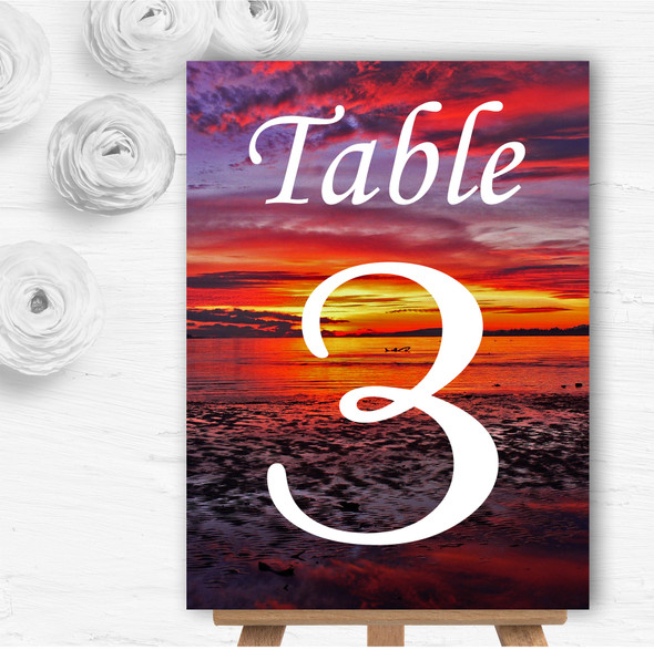 Beautiful Purple Sunset Beach Personalised Wedding Table Number Name Cards