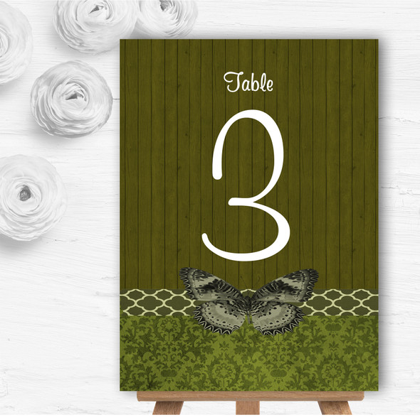 Rustic Vintage Wood Butterfly Olive Green Wedding Table Number Name Cards
