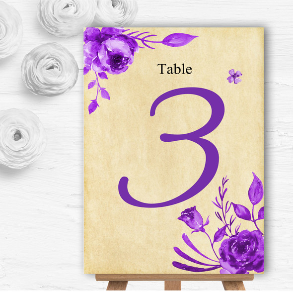 Vintage Cadbury Purple Watercolour Floral Wedding Table Number Name Cards