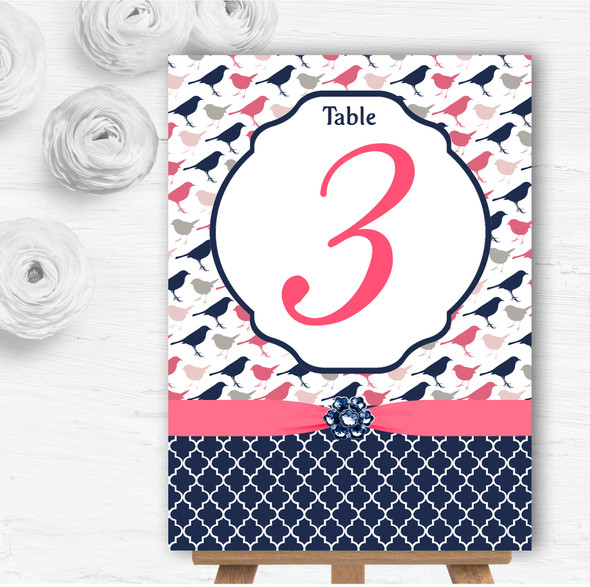 Navy Blue & Coral Pink Shabby Chic Birds Wedding Table Number Name Cards