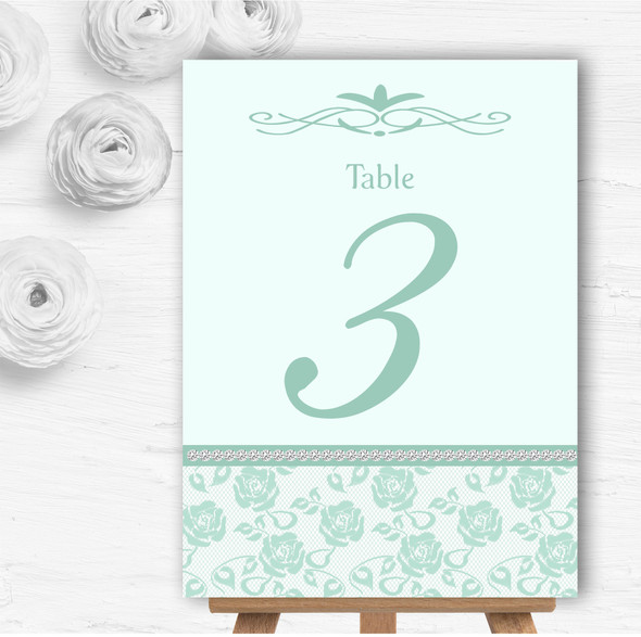 Pretty Mint Green & Sage Floral Diamante Wedding Table Number Name Cards