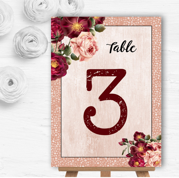 Coral Blush & Deep Red Watercolour Rose Wedding Table Number Name Cards