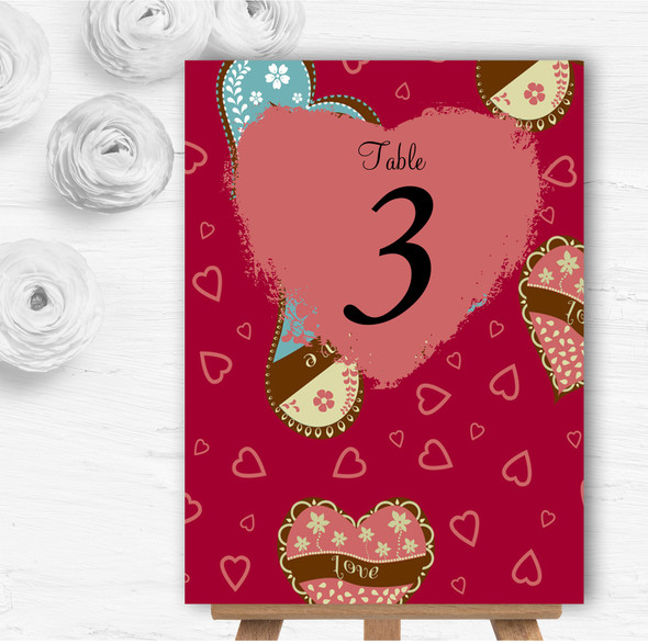 Modern Red Fun Love Hearts Personalised Wedding Table Number Name Cards