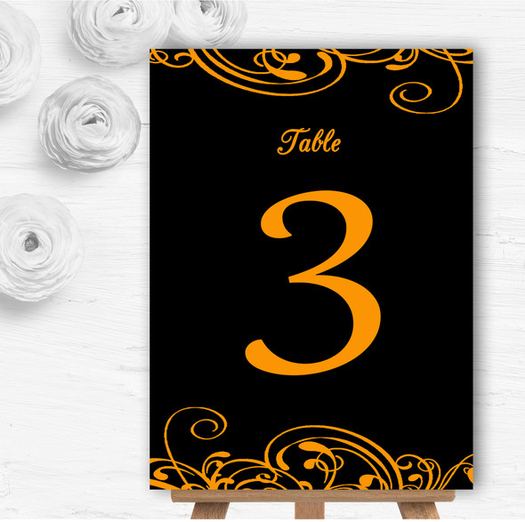 Black & Orange Swirl Deco Personalised Wedding Table Number Name Cards