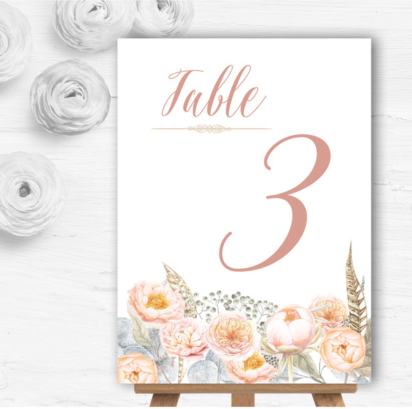 Coral Pink Peach Peonies Personalised Wedding Table Number Name Cards