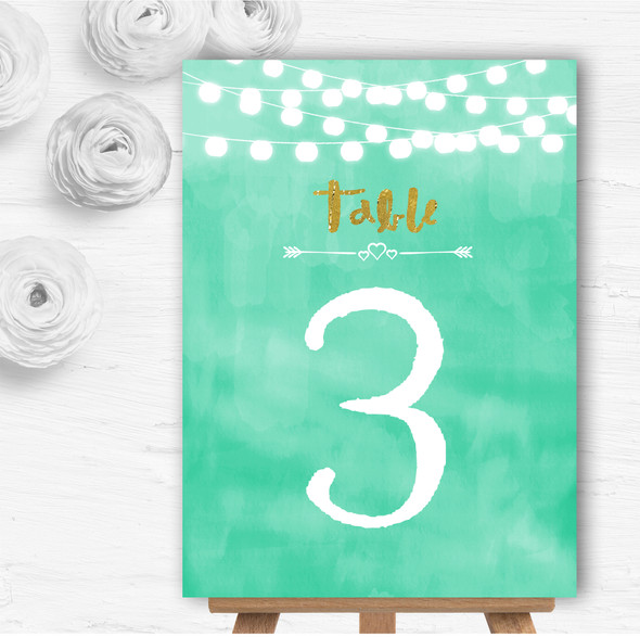 Mint Green & Gold Lights Watercolour Wedding Table Number Name Cards