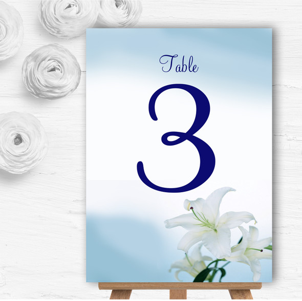 White Blue Lily Flower Personalised Wedding Table Number Name Cards