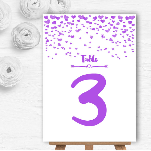 Purple Heart Confetti Personalised Wedding Table Number Name Cards