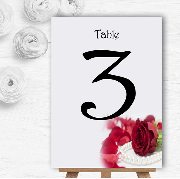 White Pearl Red Rose Personalised Wedding Table Number Name Cards