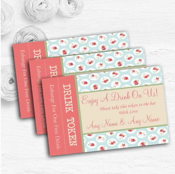 Light Blue And Red Roses Shabby Chic Chintz Custom Wedding Bar Free Drink Tokens