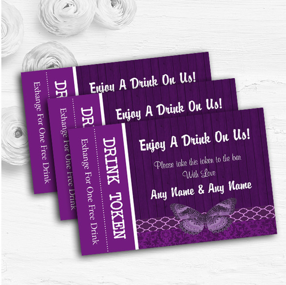 Rustic Vintage Wood Butterfly Purple Personalised Wedding Bar Free Drink Tokens