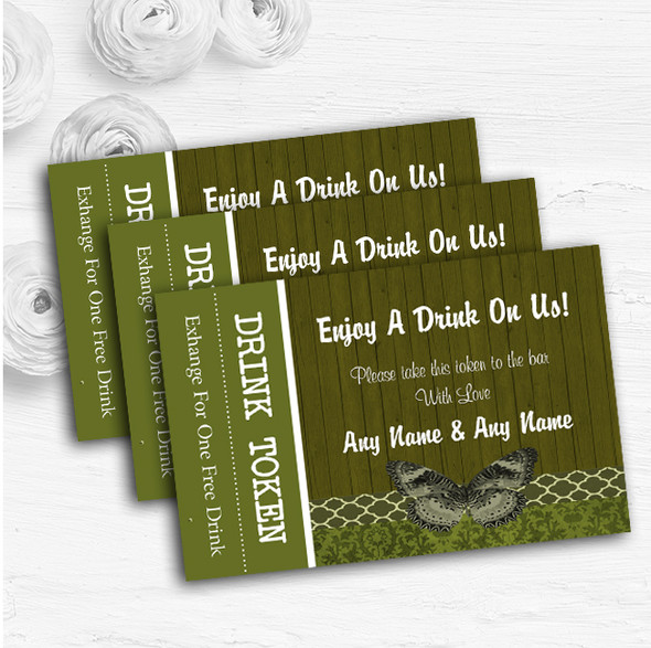 Rustic Vintage Wood Butterfly Olive Green Custom Wedding Bar Free Drink Tokens