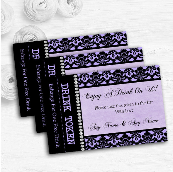 Lilac Purple Black Damask & Diamond Personalised Wedding Bar Free Drink Tokens