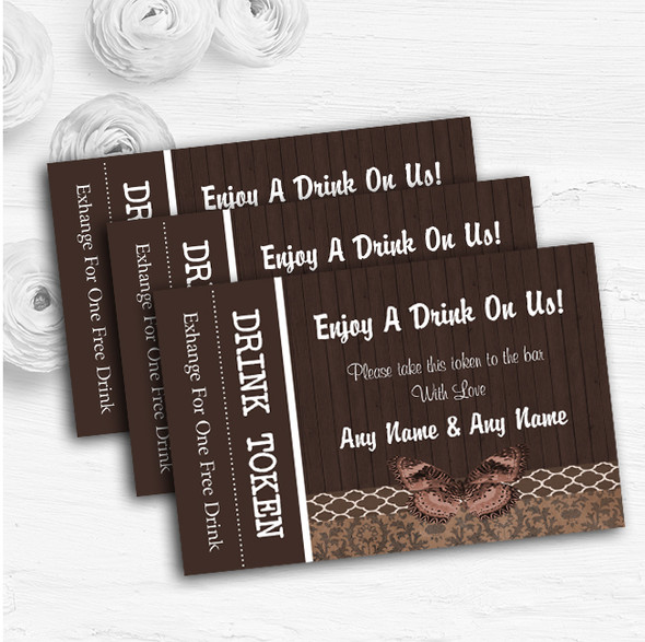 Rustic Vintage Wood Butterfly Brown Personalised Wedding Bar Free Drink Tokens