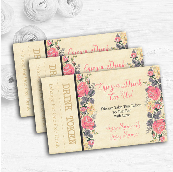 Vintage Coral Pink Rose Watercolour Personalised Wedding Bar Free Drink Tokens