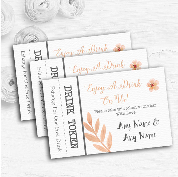 Watercolour Subtle Coral Pink Peach Personalised Wedding Bar Free Drink Tokens