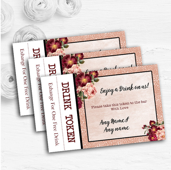 Coral Blush & Deep Red Watercolour Rose Custom Wedding Bar Free Drink Tokens