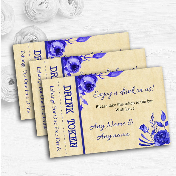 Vintage Blue & White Watercolour Floral Custom Wedding Bar Free Drink Tokens