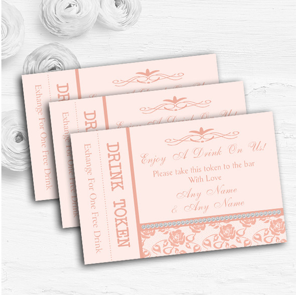Pretty Pale Coral Floral Diamante Personalised Wedding Bar Free Drink Tokens