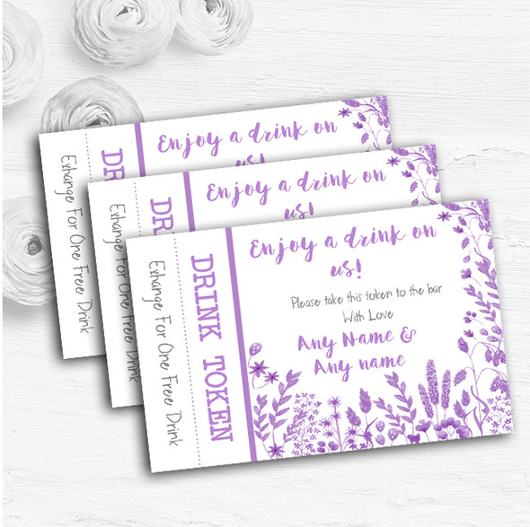 Dusty Purple Autumn Leaves Watercolour Custom Wedding Bar Free Drink Tokens