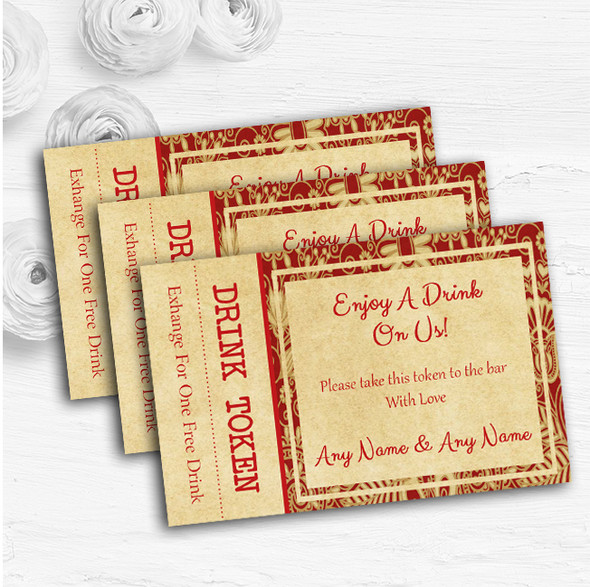 Vintage Royal Red Postcard Style Personalised Wedding Bar Free Drink Tokens