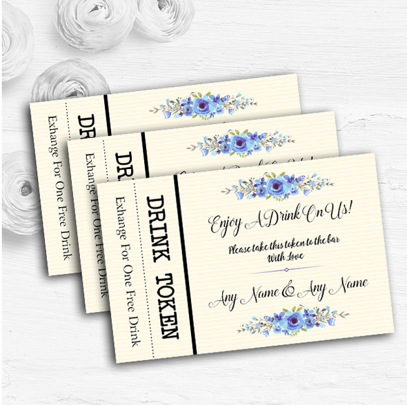 Watercolour Blue Floral Rustic Personalised Wedding Bar Free Drink Tokens