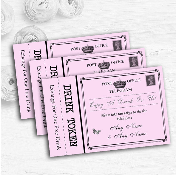 Vintage Telegram Elegant Pink Personalised Wedding Bar Free Drink Tokens