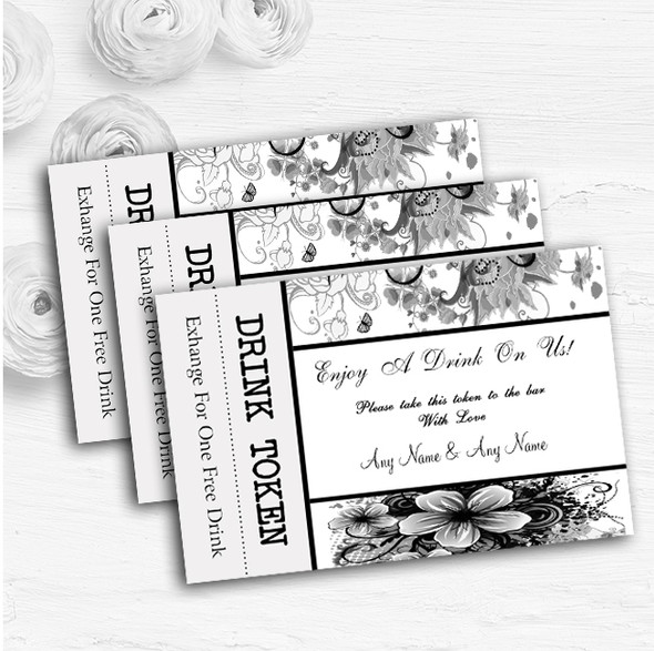 Black White Flower Butterfly Personalised Wedding Bar Free Drink Tokens